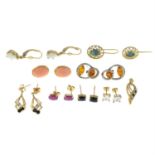 A selection of gem-set earrings, together with a 9ct gold gem-set pendant.