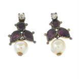 A pair of late 19th century pearl, garnet and old-cut diamond earrings.