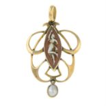 An Art Nouveau 9ct gold shell cameo and mabe pearl pendant.