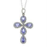 A 18ct gold tanzanite and single-cut diamond cross pendant, with chain.