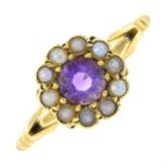 An early 20th century 18ct gold amethyst and split pearl floral cluster ring.