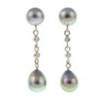 A pair of 18ct gold cultured pearl and brilliant-cut diamond drop earrings.