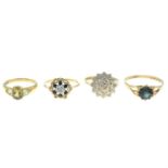 Four 9ct gold gem-set rings.