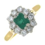 An 18ct gold synthetic emerald and brilliant-cut diamond cluster ring.