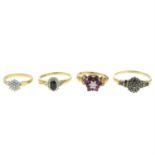 Three 9ct gold gem-set rings, together with a futher gem-set ring.