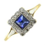 A mid 20th century sapphire and single-cut diamond cluster ring, accompanied by a cream celluloid