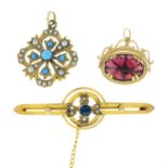 Three items of early 20th century and later gem-set jewellery, to include two pendants and a brooch.