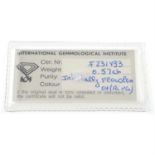 A brilliant-cut diamond, weighing 0.57ct. Within re-sealed IGI security seal.