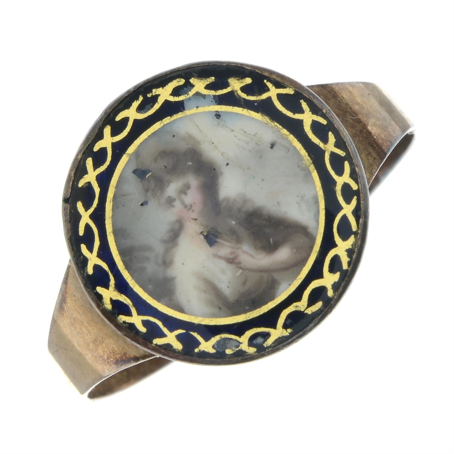 An early to mid 19th century gold portrait miniature ring, with blue and gilt painted surround. - Image 2 of 5