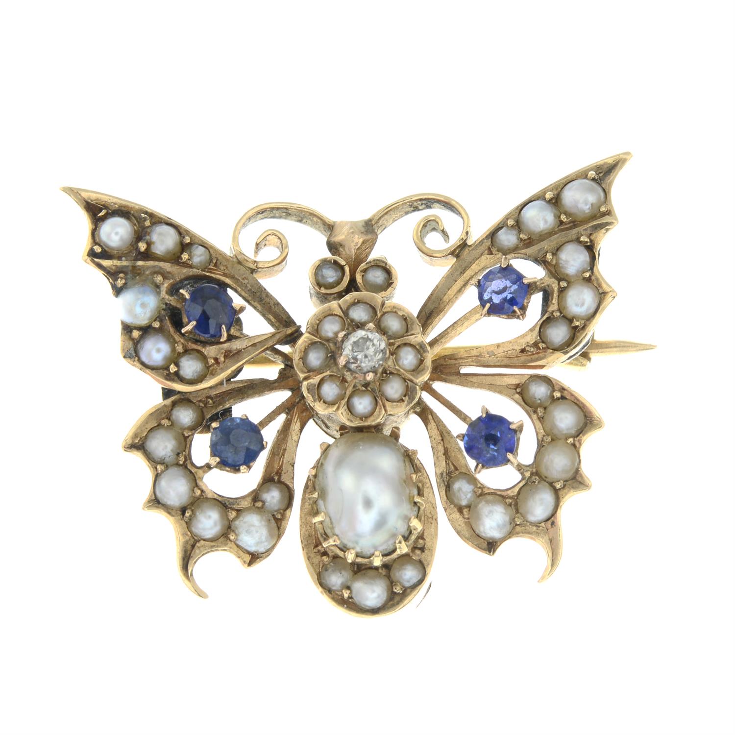 A late 19th century gold, diamond, garnet-topped-doublet and split pearl butterfly brooch. - Image 2 of 4