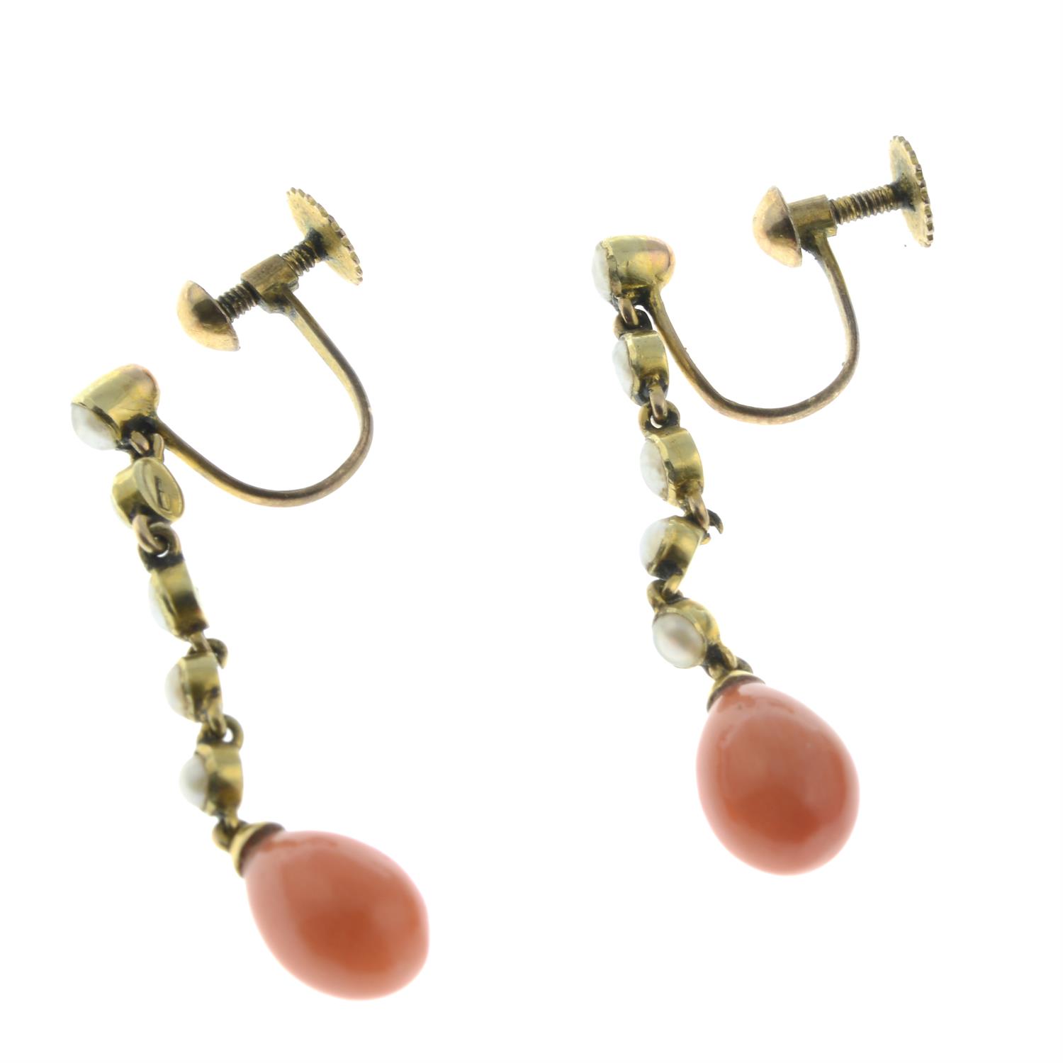 A pair of early 20th century 15ct gold coral and split pearl earrings. - Image 3 of 3