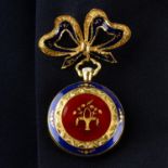 A red and blue enamel fob watch, with flower basket motif to reverse and removable bow surmount.