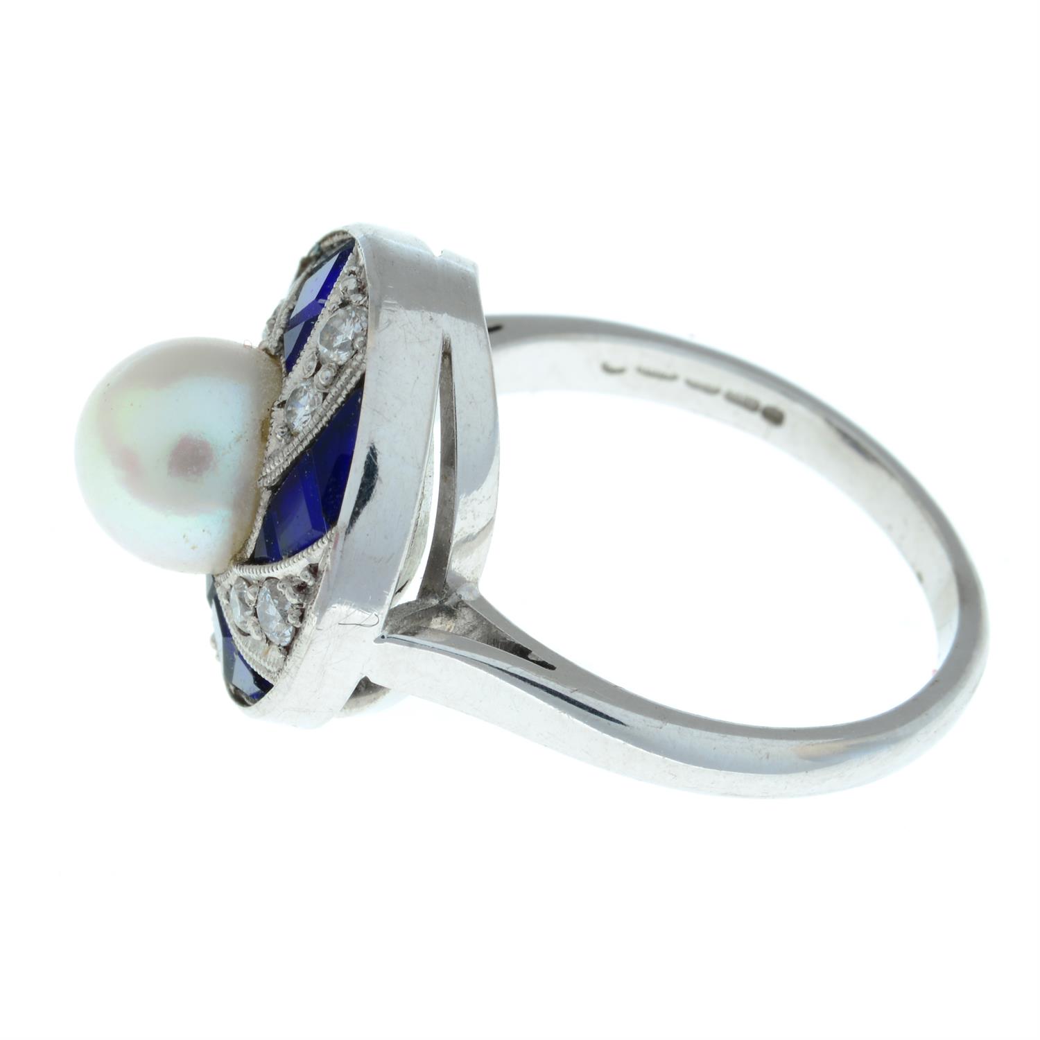 An 18ct gold cultured pearl, brilliant-cut diamond and blue paste geometric dress ring. - Image 4 of 5