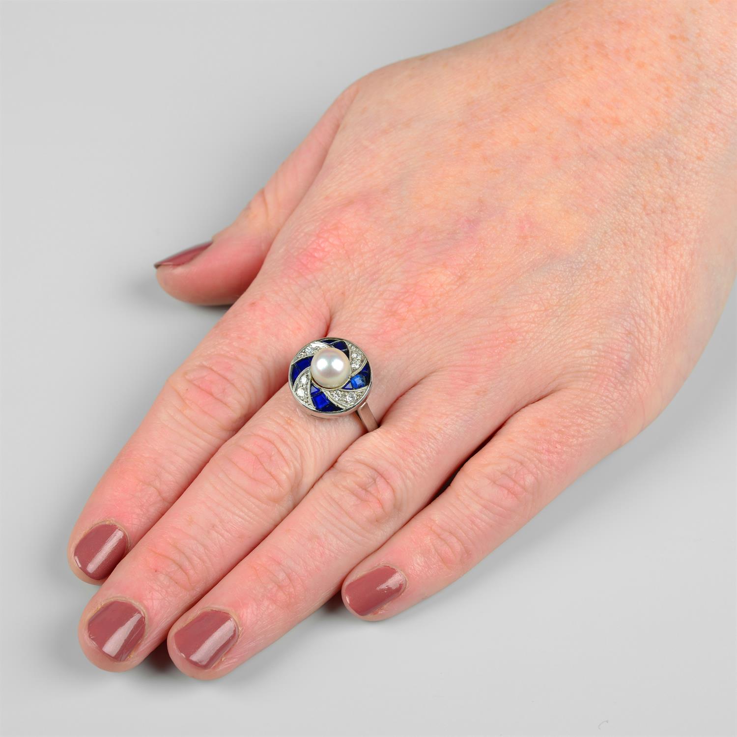 An 18ct gold cultured pearl, brilliant-cut diamond and blue paste geometric dress ring. - Image 5 of 5