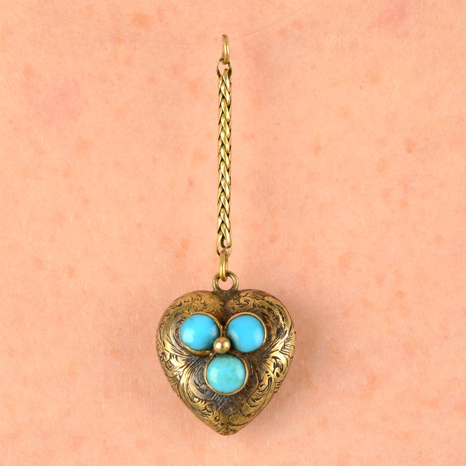 A late 19th century gold turquoise and scrolling foliate engraved heart locket, on small section of