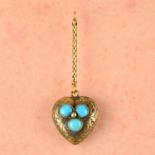 A late 19th century gold turquoise and scrolling foliate engraved heart locket, on small section of