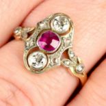 An early 20th century platinum and gold Burmese ruby, old-cut diamond and diamond point ring.