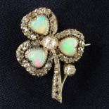 A late 19th century silver and gold, opal heart and vari-cut diamond shamrock or three-leaf clover