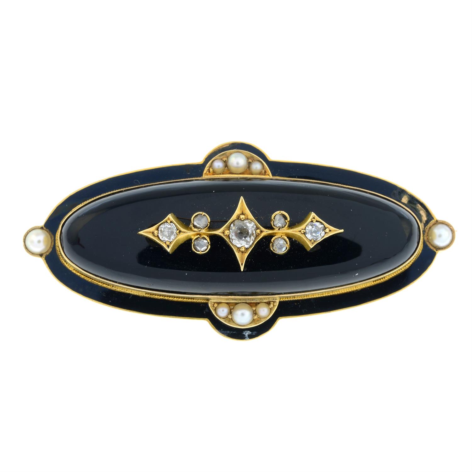 A late 19th century gold onyx and vari-cut diamond mourning brooch, with black enamel and split - Image 2 of 5