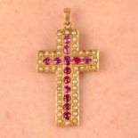 A late 19th century gold ruby, synthetic ruby and split pearl cross pendant.