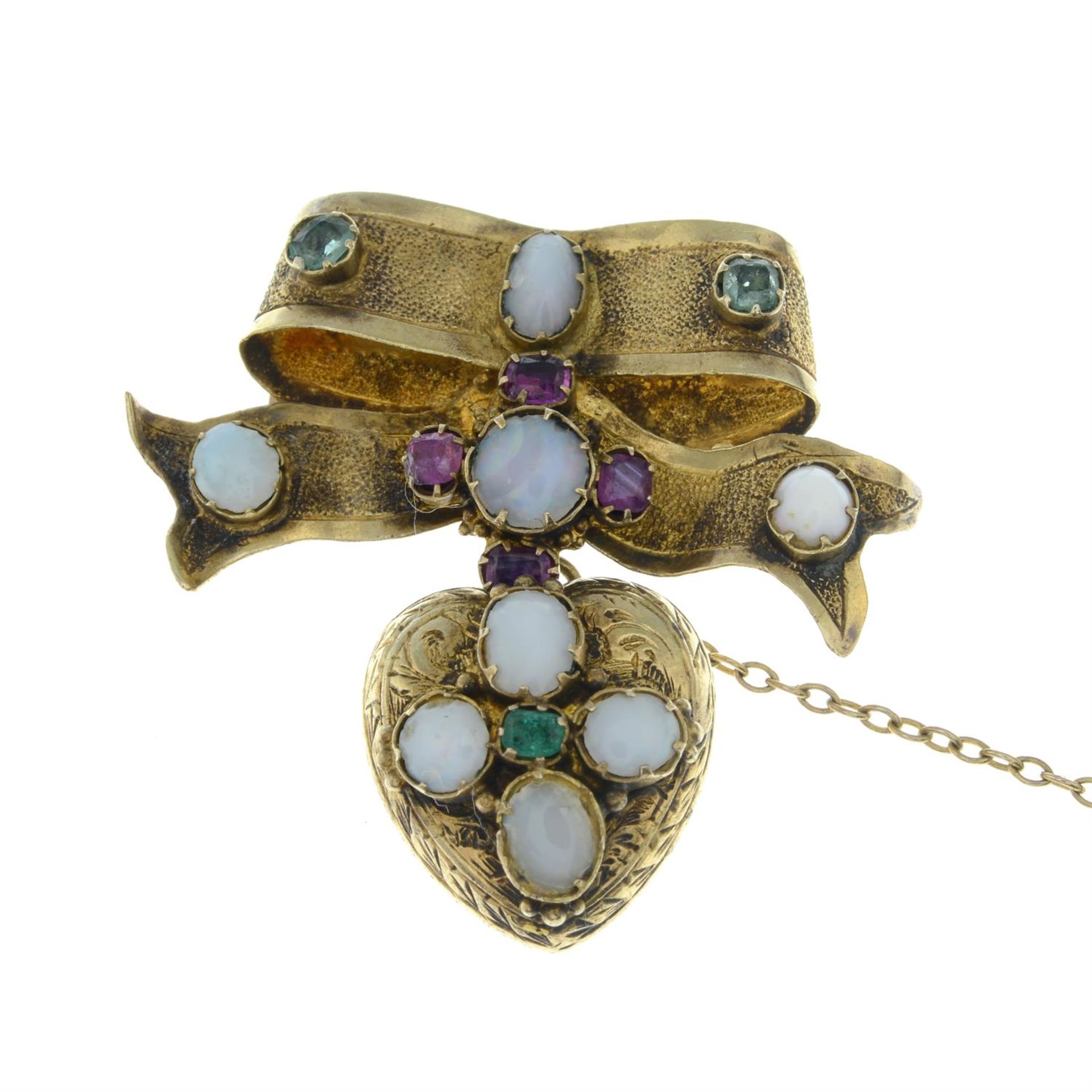 A mid 19th century gold opal, emerald and ruby bow brooch, suspending a similarly-set heart locket. - Image 2 of 4