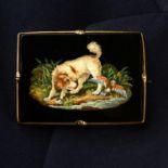 A 19th century micro mosaic brooch, depicting a dog and duck at the lakeside, within a 9ct gold