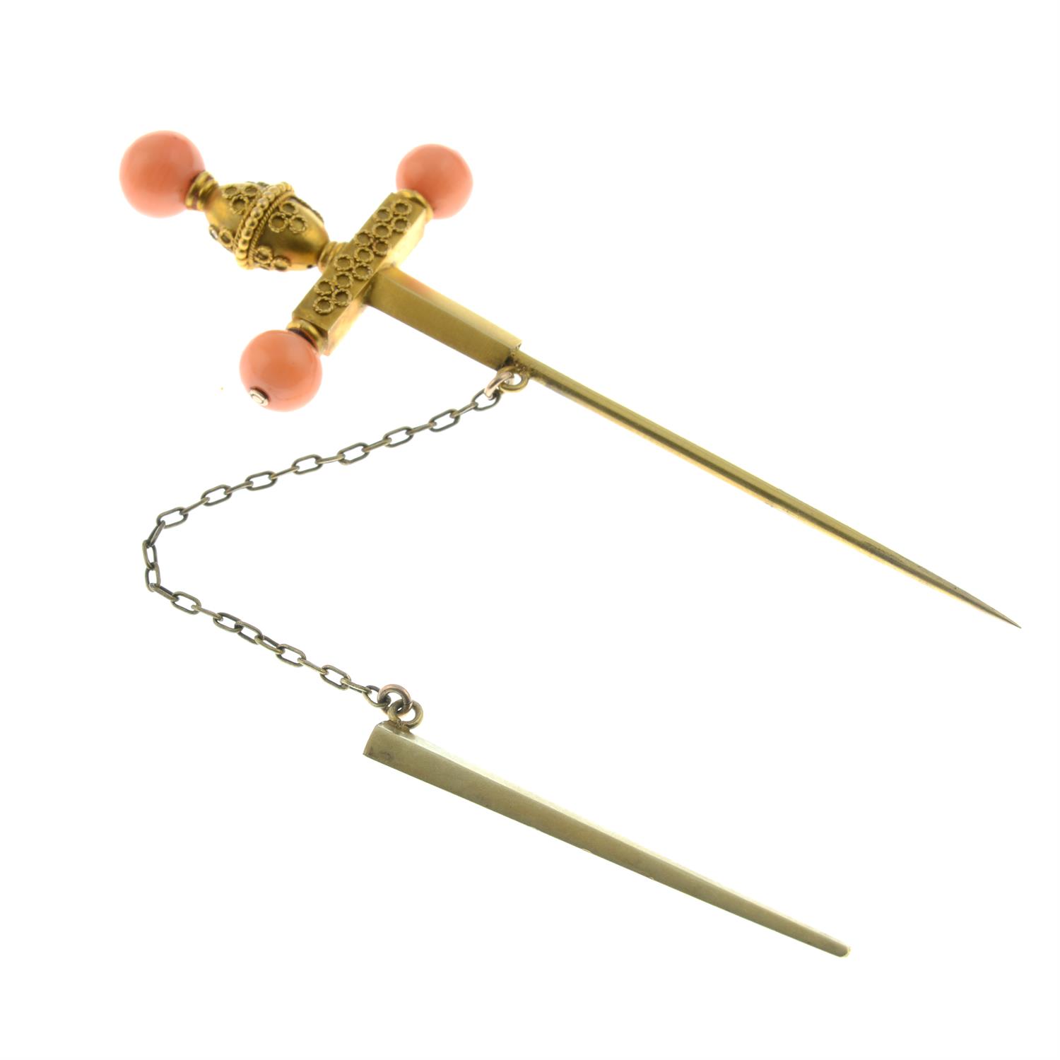 A mid to late 19th century gold cannetille sword pin, with coral bead highlights. - Image 3 of 4