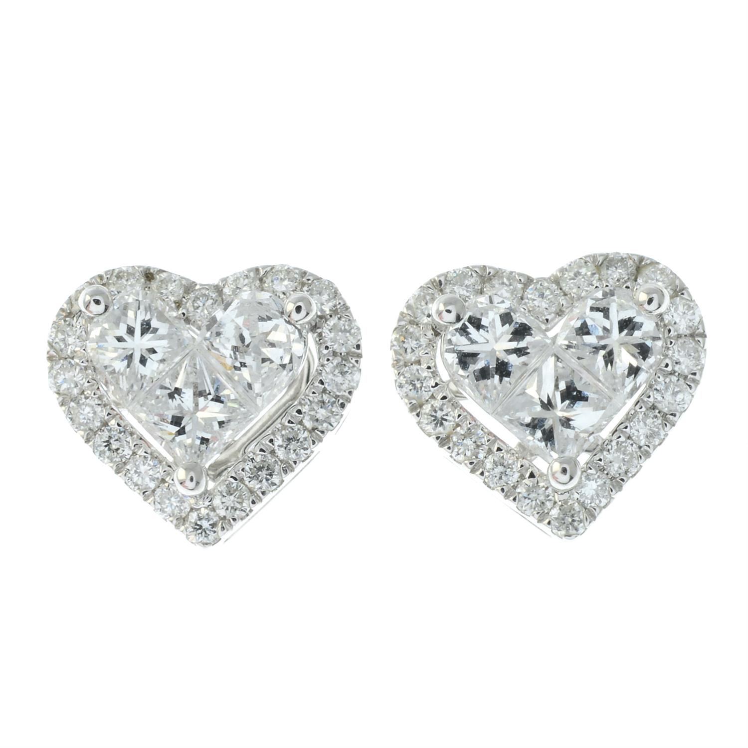 A pair of 18ct gold vari-cut diamond heart-shape cluster earrings. - Image 2 of 3