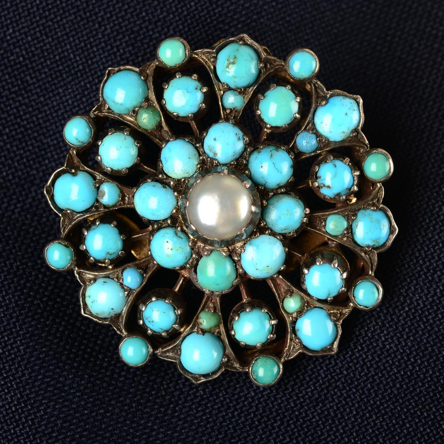 A late Victorian silver and gold turquoise and mabe pearl openwork brooch/pendant.