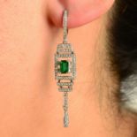 A pair of emerald and brilliant-cut diamond geometric openwork drop earrings.