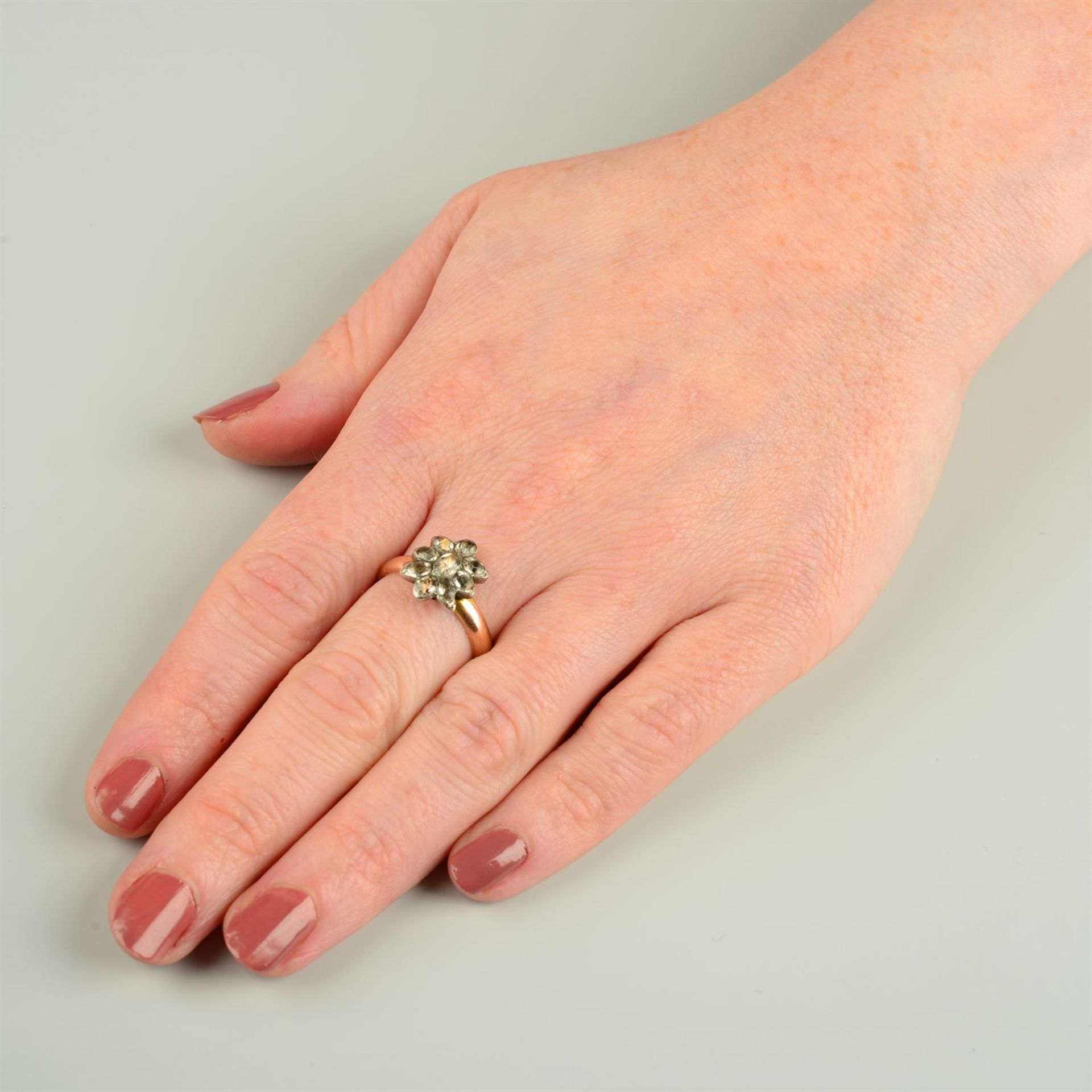 A late Georgian black spot paste cluster ring head, on later 9ct gold band. - Image 5 of 5