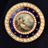 An antique portrait miniature, blue enamel, diamond point and split pearl memorial brooch,