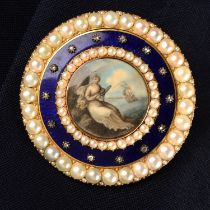 An antique portrait miniature, blue enamel, diamond point and split pearl memorial brooch,