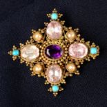A Georgian gold cannetille, foil-back amethyst, pink topaz, split pearl and turquoise brooch.