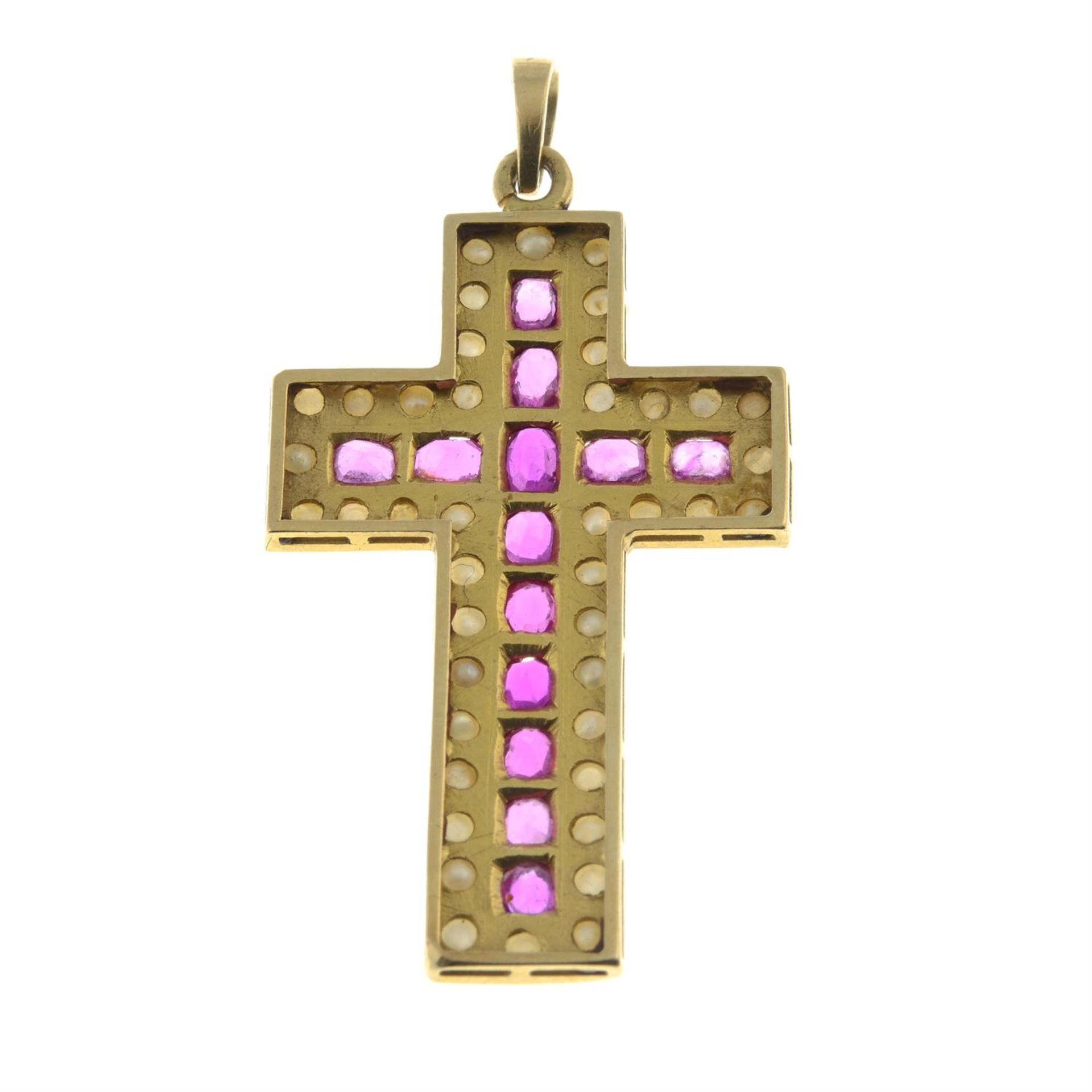 A late 19th century gold ruby, synthetic ruby and split pearl cross pendant. - Image 3 of 4