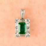 An emerald and vari-cut diamond cluster pendant, with diamond surmount.
