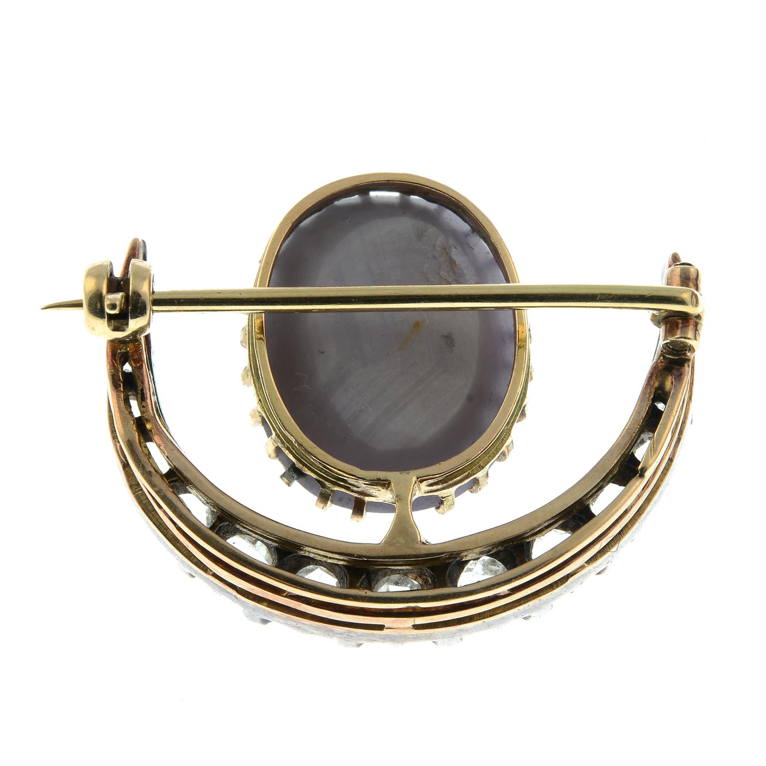 A late 19th century silver and gold rose-cut diamond crescent brooch, with star sapphire cabochon - Image 3 of 4