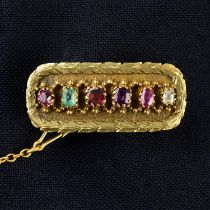 An early 19th century gold multi-gem 'REGARD' acrostic mourning brooch, hinged to reveal a glazed