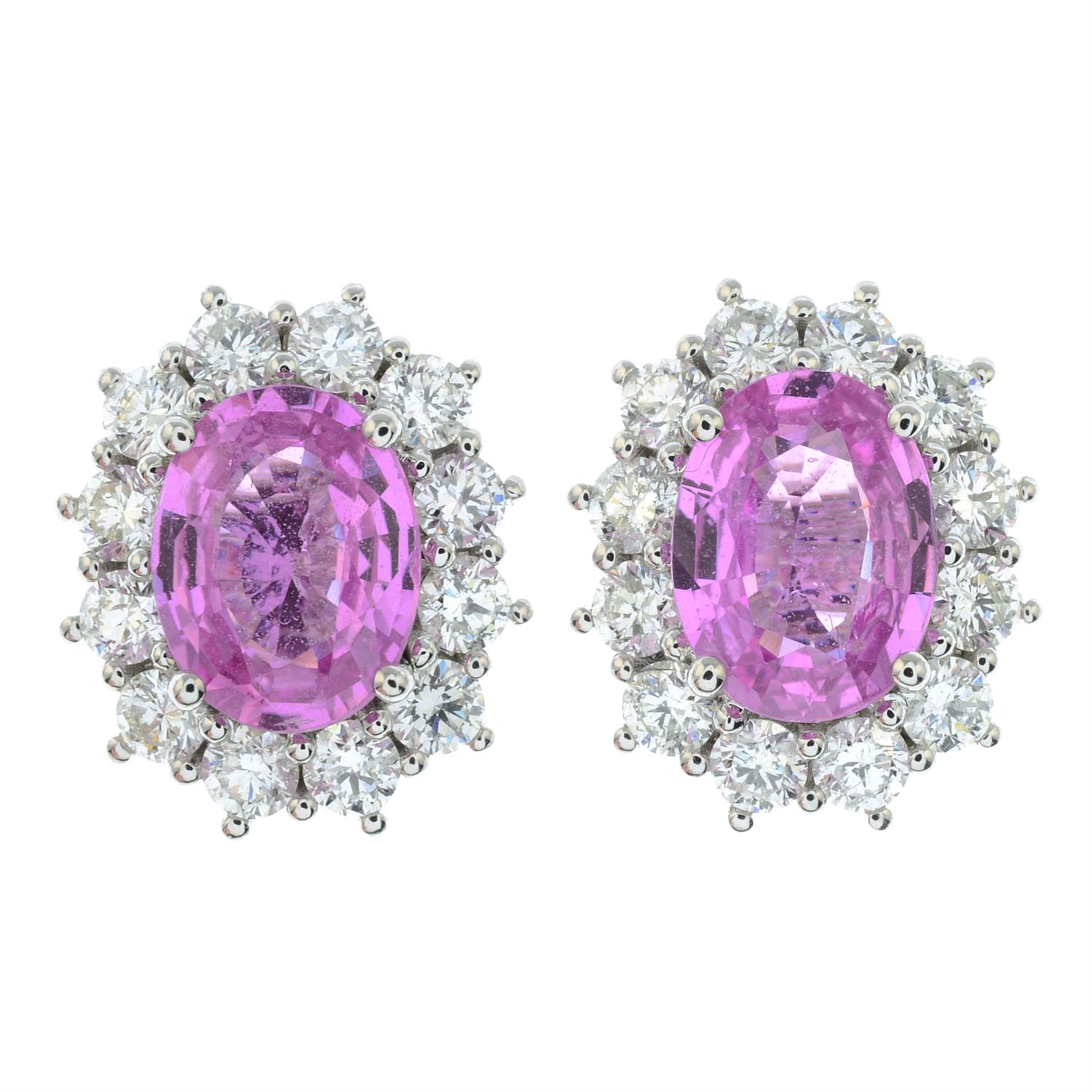 A pair of 18ct gold pink sapphire and brilliant-cut diamond cluster earrings. - Image 2 of 3