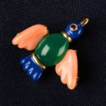 A blue enamel, chrysoprase, coral and ruby duck brooch, by Cartier.