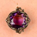 A late 19th century silver and gold amethyst pendant, with rose-cut diamond foliate surround.