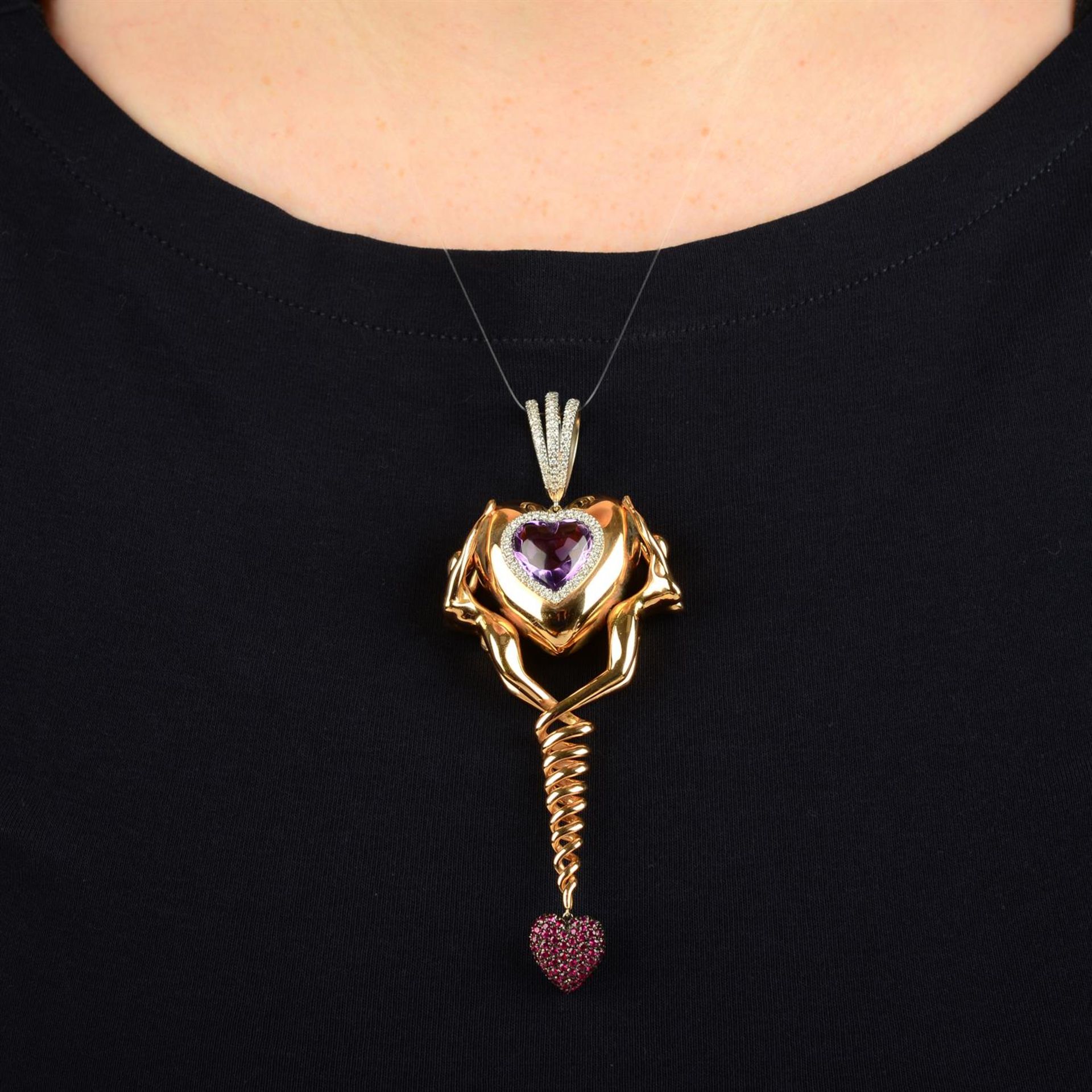 An amethyst cabochon heart and diamond 'Philosophy of Love' pendant, with pavé-set ruby heart drop, - Image 4 of 4