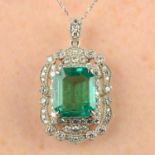 A Colombian emerald and brilliant-cut diamond pendant, with chain.