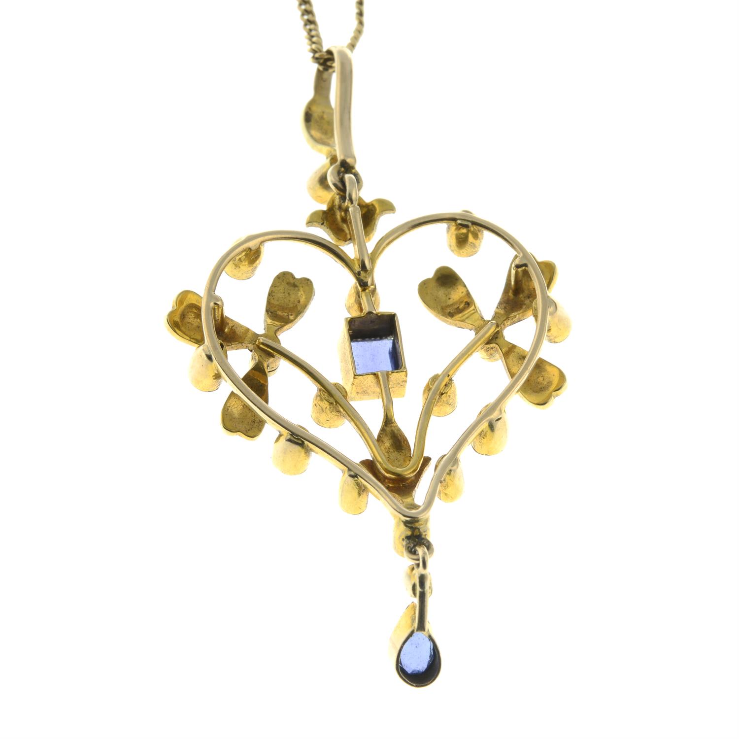 An early 20th century 15ct gold sapphire and split pearl pendant, with later 9ct gold chain. - Image 3 of 5