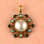 A late 19th century silver and 15ct gold blister pearl and turquoise pendant, by William Hair