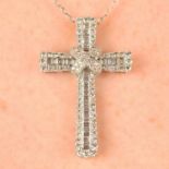 A baguette and brilliant-cut diamond cross pendant, with 18ct gold chain.