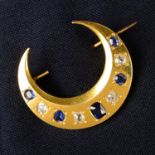 A late 19th century 20ct gold sapphire and old-cut diamond crescent moon brooch.