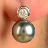 A pair of grey cultured pearl and brilliant-cut diamond stud earrings.