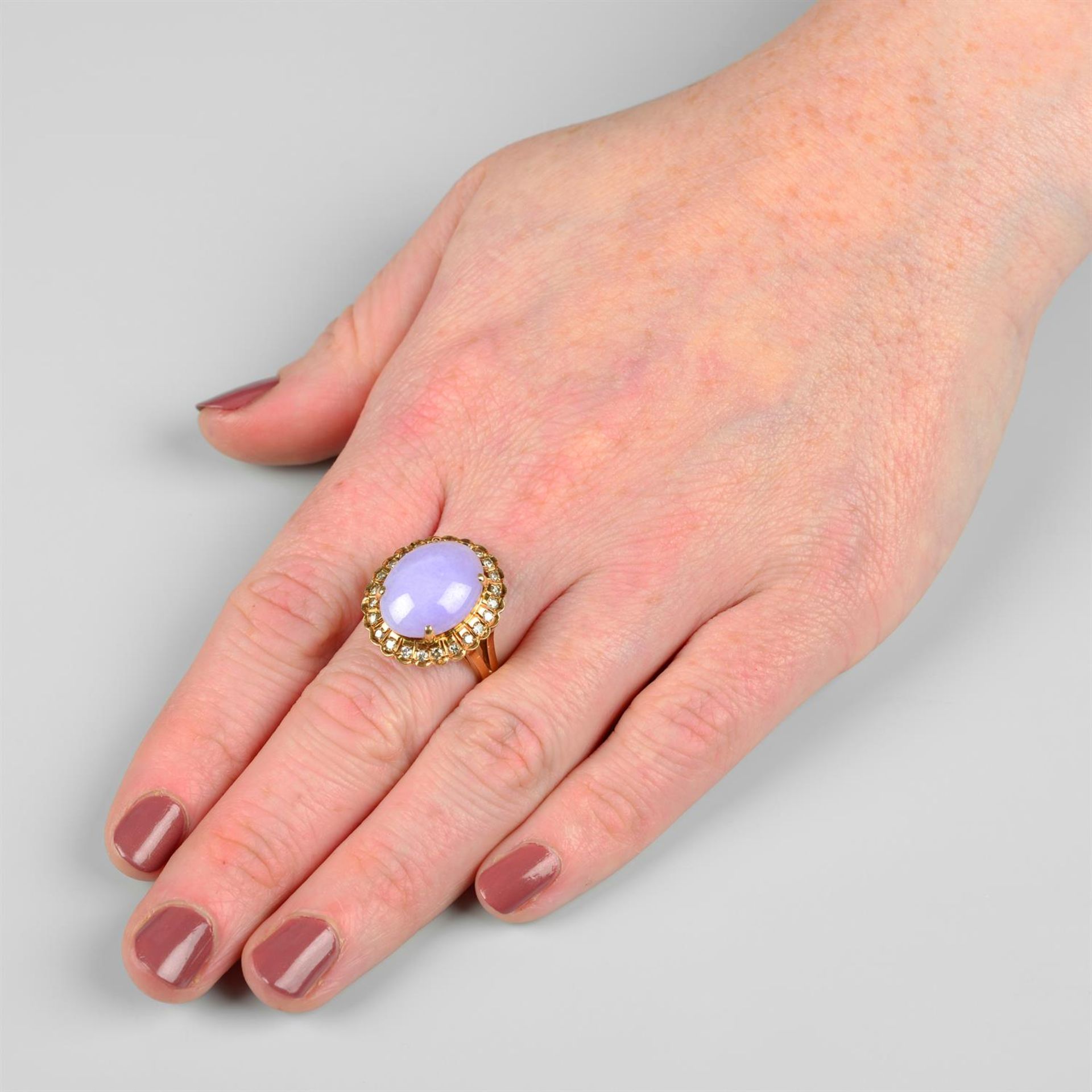 A 'lavender' jade and brilliant-cut diamond cluster ring. - Image 5 of 5