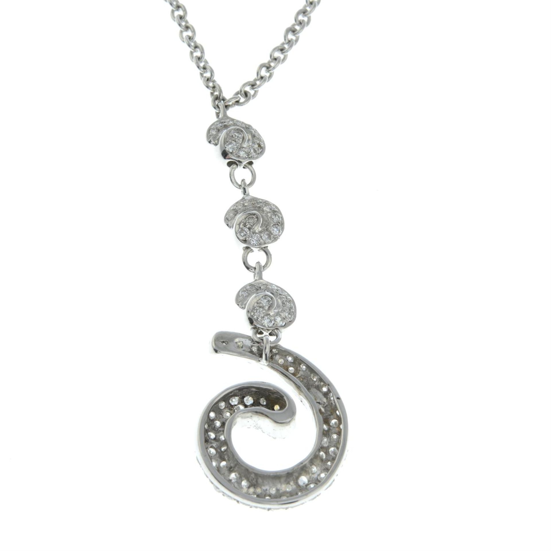 A pavé-set diamond scroll pendant necklace. - Image 3 of 5